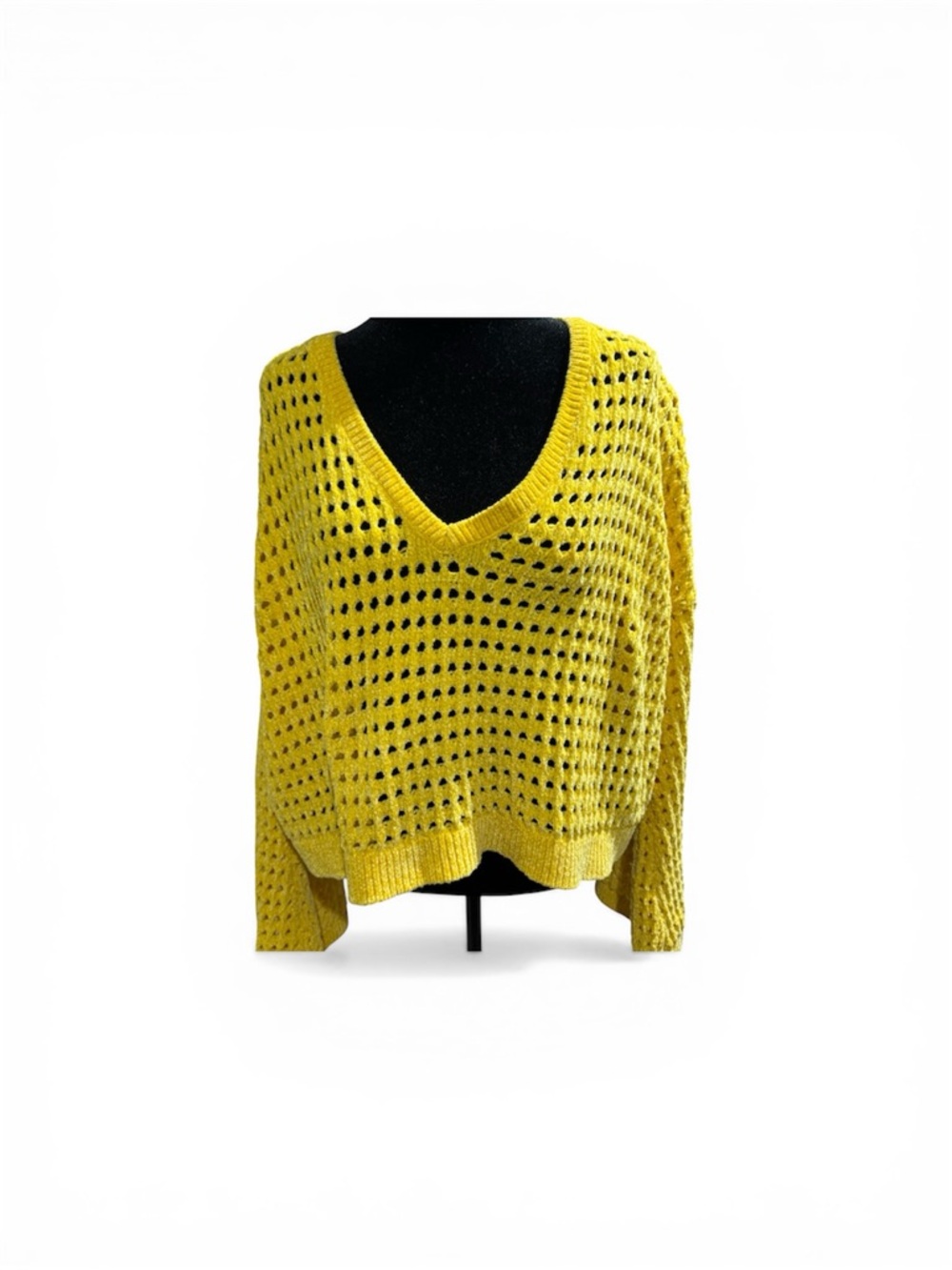 Express Yellow Open-Knit V-Neck Sweater